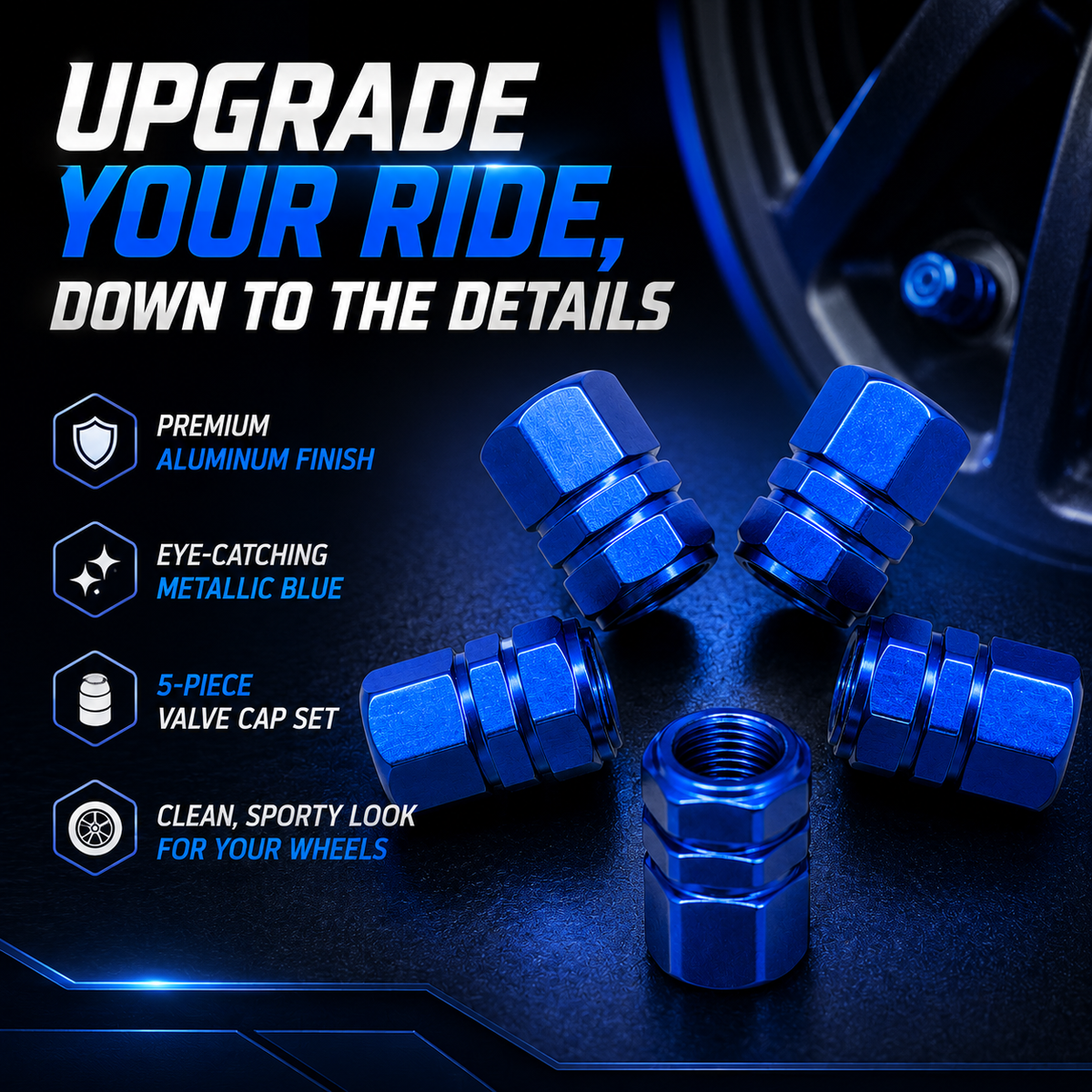 Valve Caps, Blue – Set of 5 Tyre Valve Stem Caps