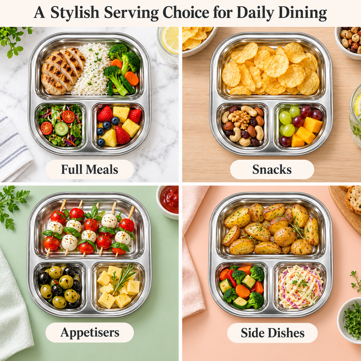 Stainless Steel 3 Compartment Tray – 29.5x26cm Divided Serving Plate