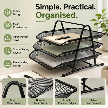 3-Tier Mesh Document Tray – Stackable Desktop Paper & File Organizer