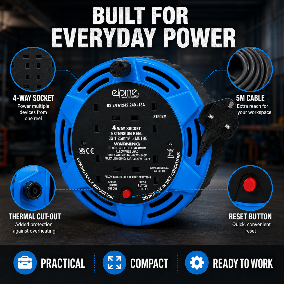 5M 4-Way Extension Cable Reel 13A with 4 UK Plug Sockets