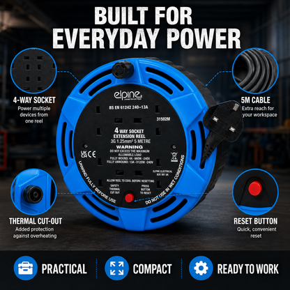5M 4-Way Extension Cable Reel 13A with 4 UK Plug Sockets