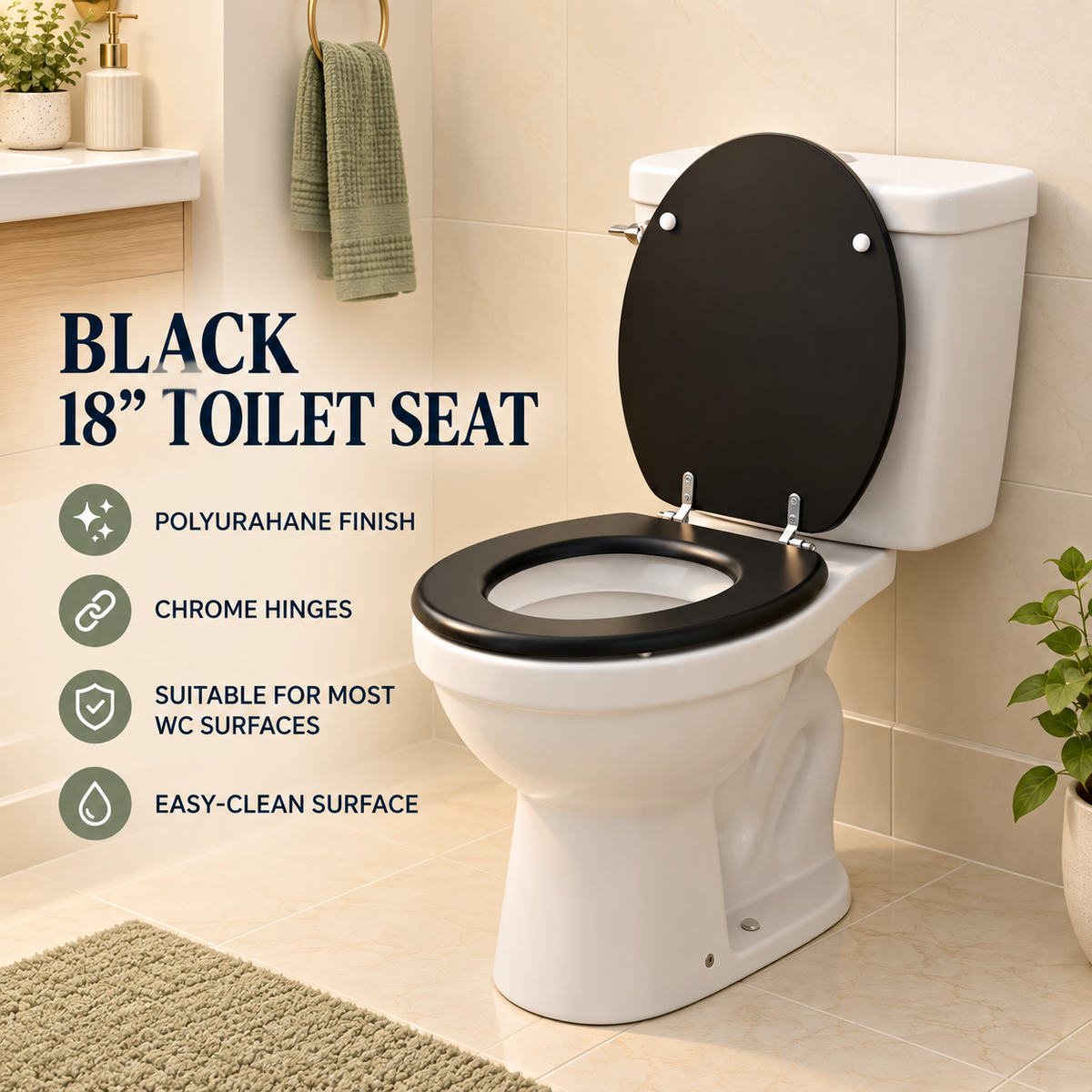 18 Inch Black MDF Toilet Seat