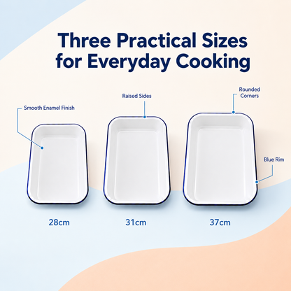 Enamel Bake Pan White with Blue Rim – 28cm, 31cm & 37cm