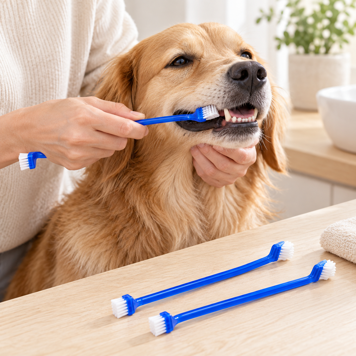 3-Pack Blue Double-Ended Dog Toothbrushes with Large and Small Brush Heads