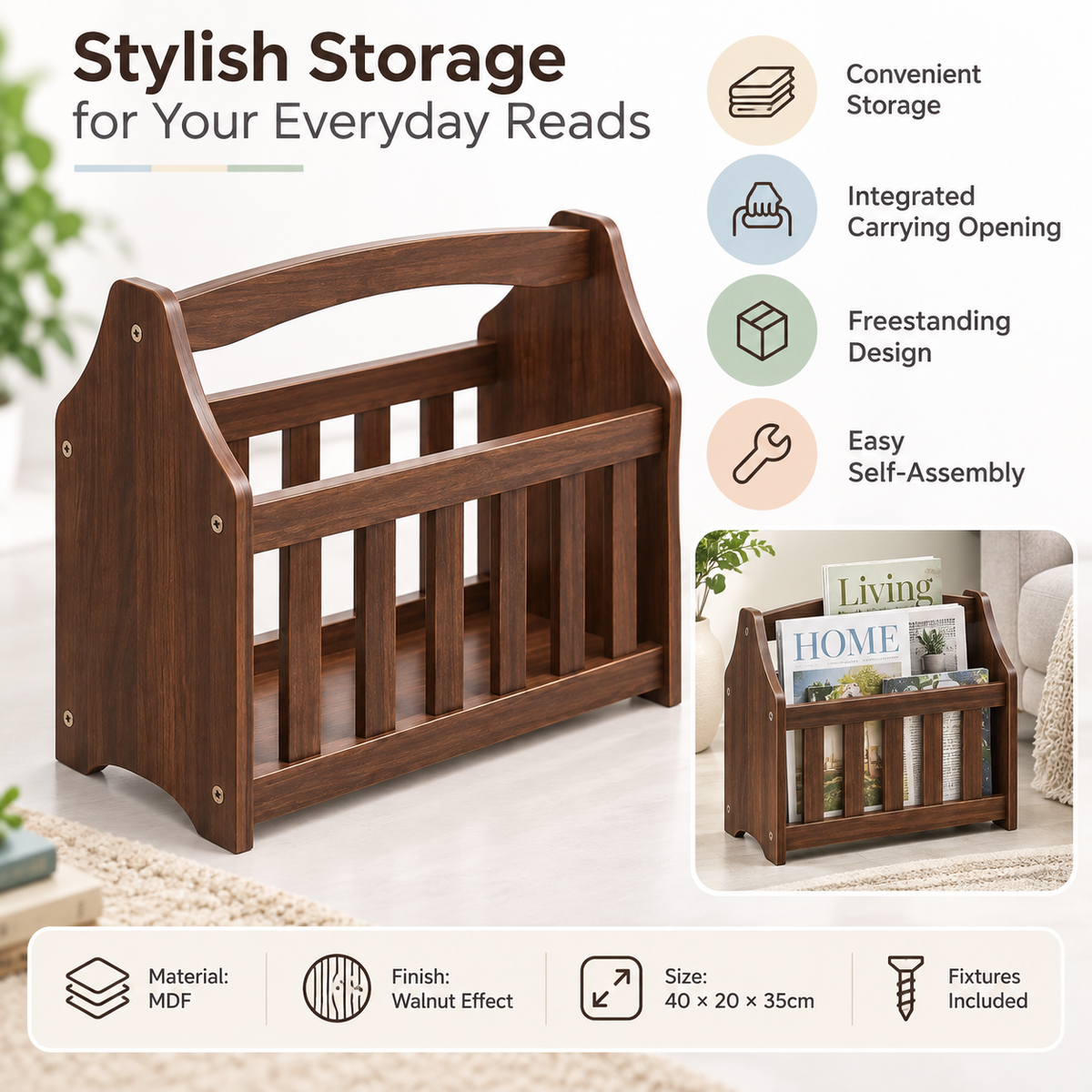 Single MDF Magazine Rack 40 × 20 × 35cm – Walnut