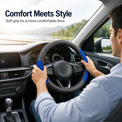 Universal Black Steering Wheel Cover with Red or Blue Mesh Grip – Soft Faux Leather Car Interior Accessory