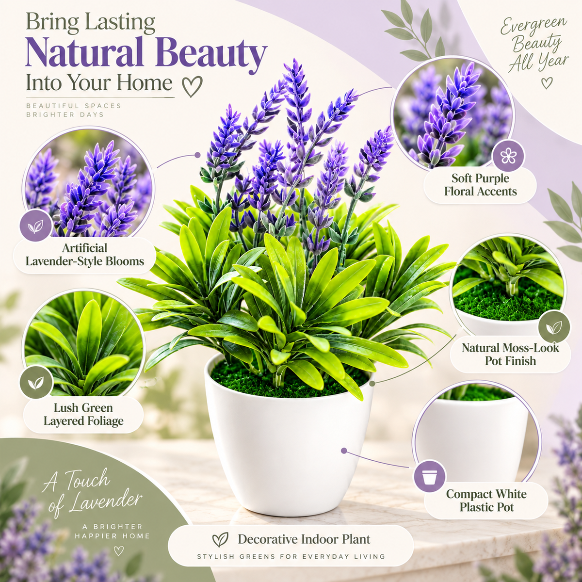 Artificial Lavender Plant in White Pot