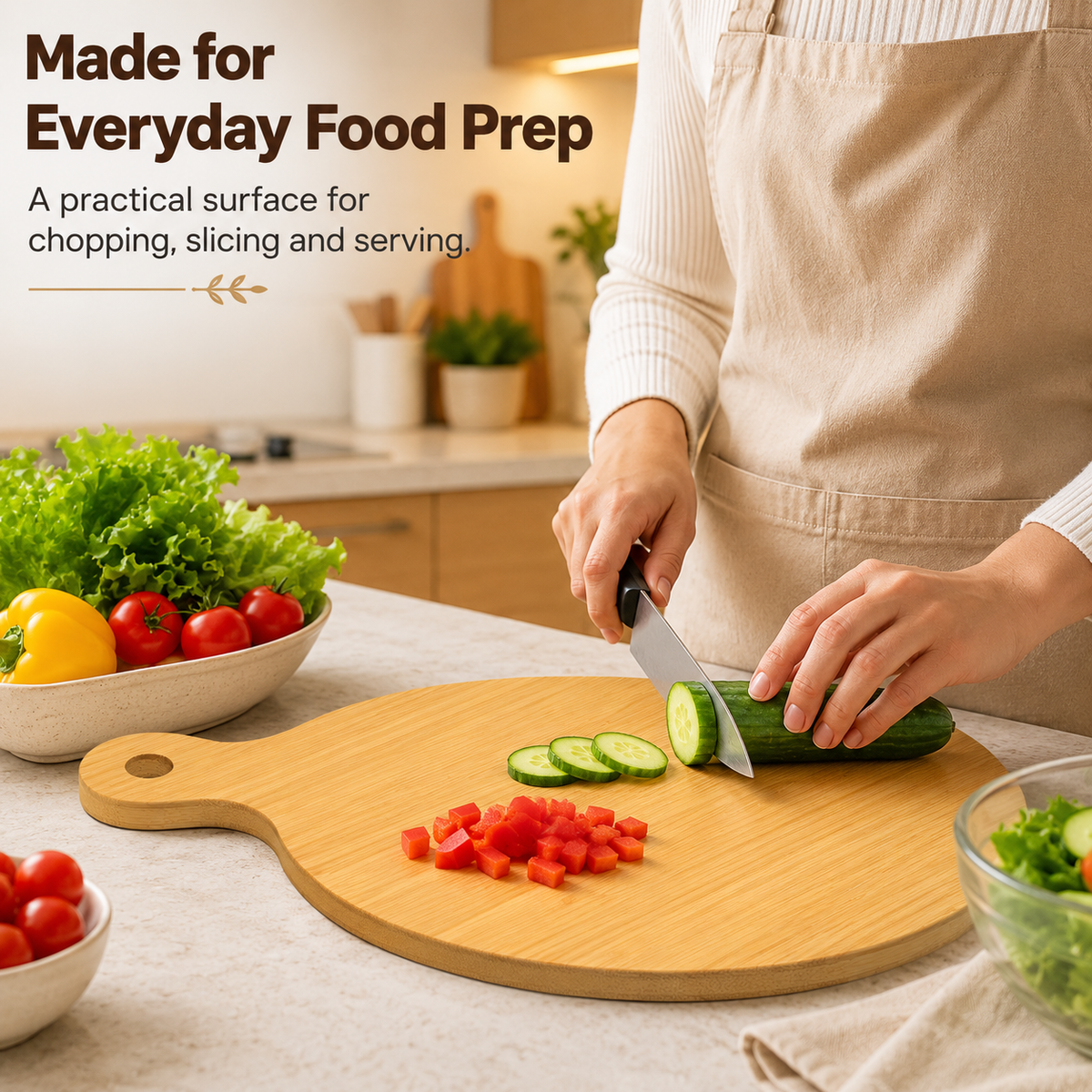 Round Bamboo Chopping Board with Handle 26x36cm