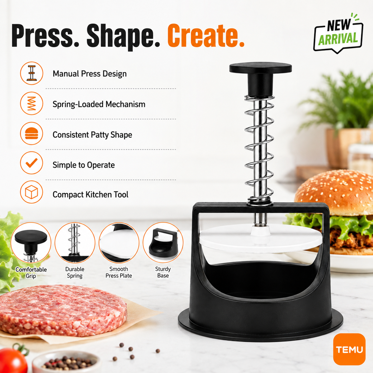 Manual Hamburger Press with Spring-Loaded Handle – Round Burger Patty Maker for Home Kitchen & BBQ
