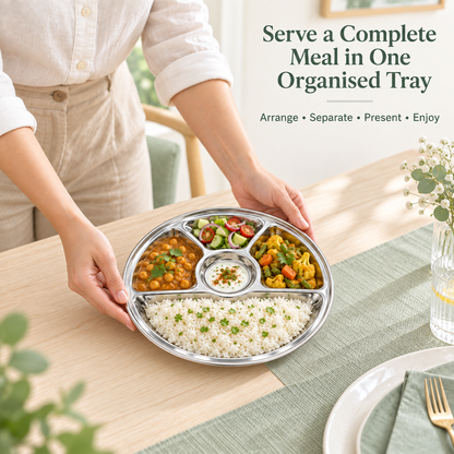 Stainless Steel 5 Compartment Thali Plate – 32.5cm Round Divided Dinner Tray