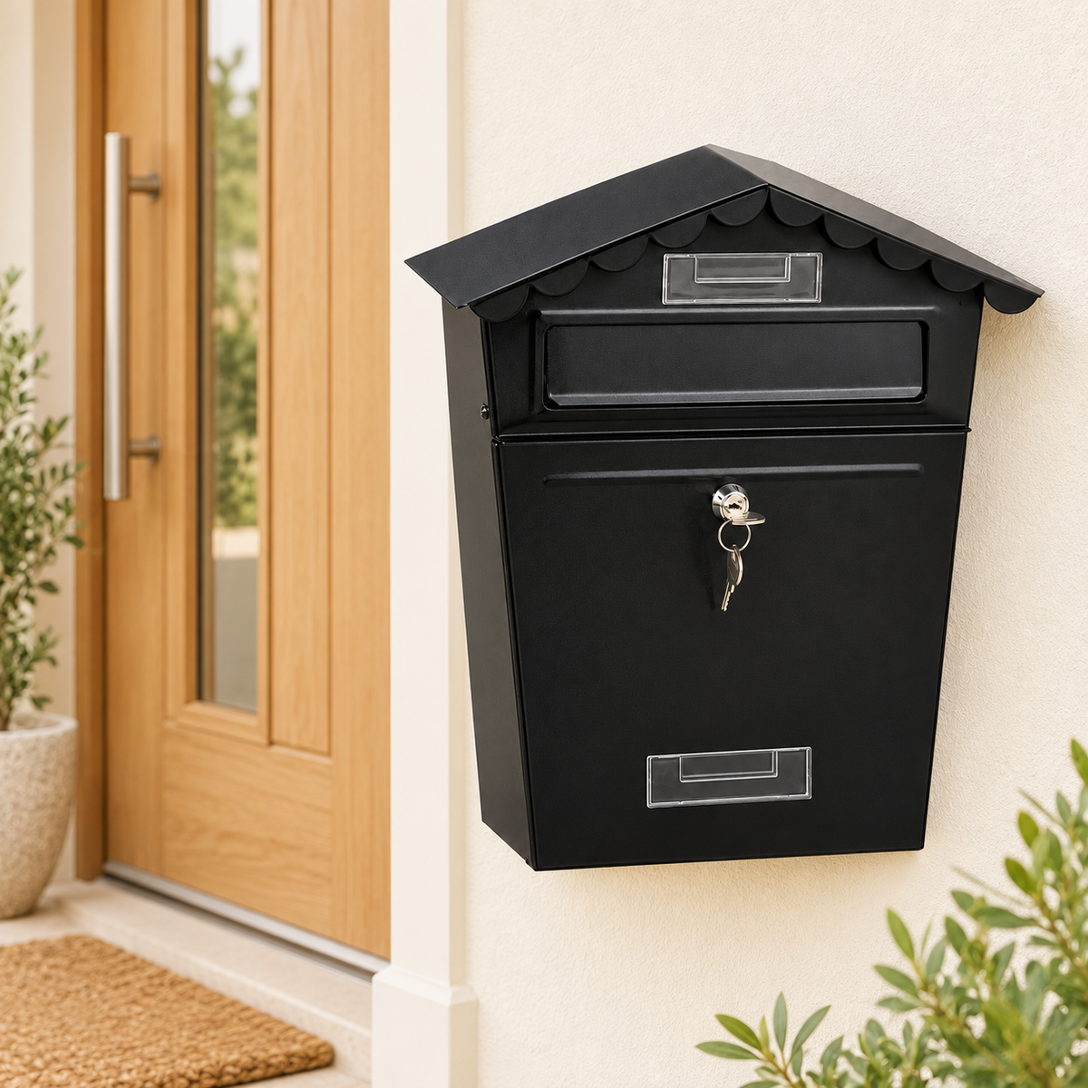 Large Black Steel Post Box with Lock – 34cm