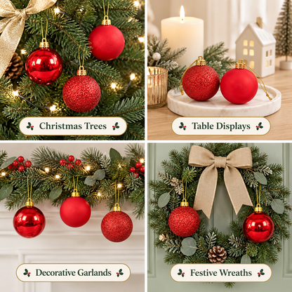 Red Christmas Ball Ornaments Set – Glitter, Matte & Shiny Baubles