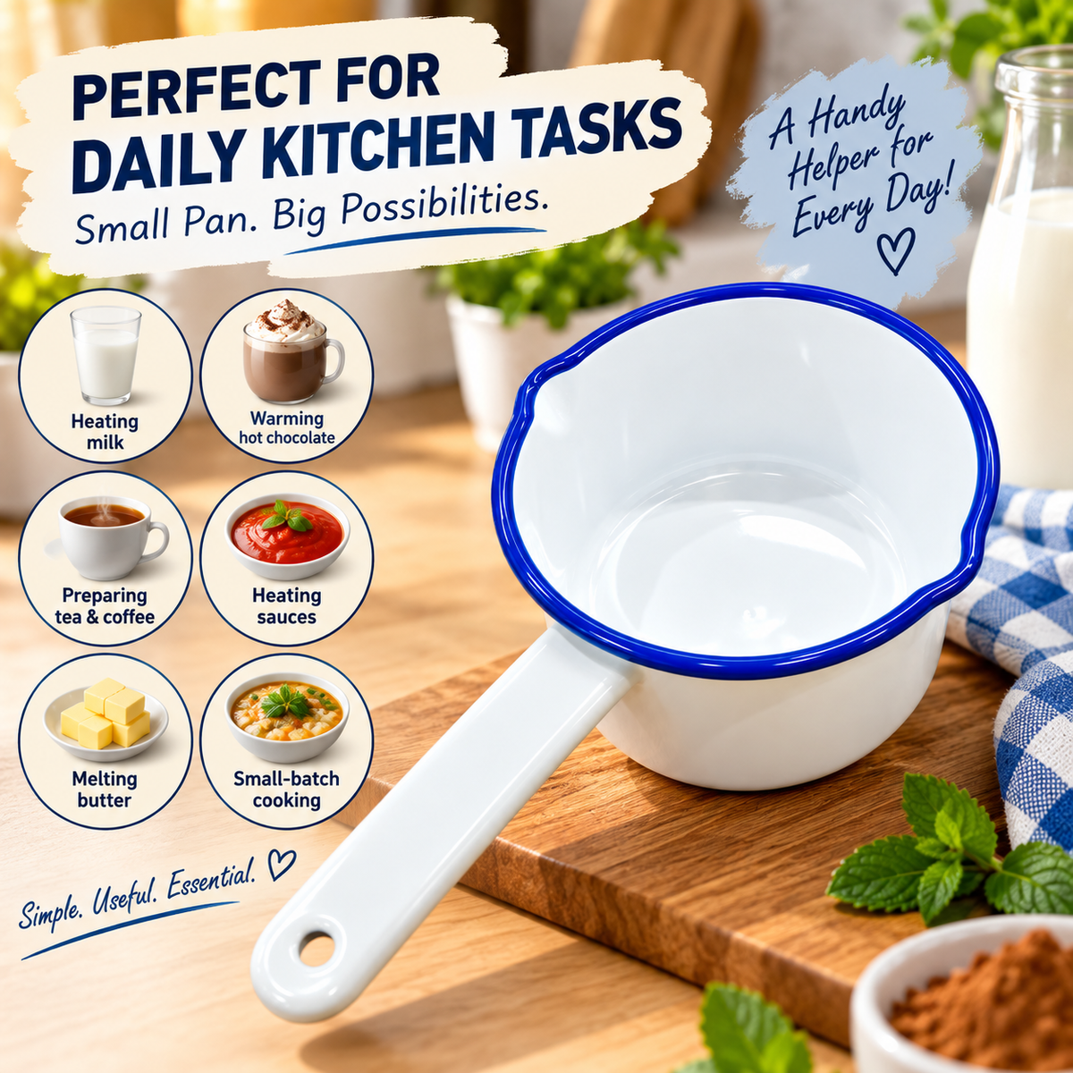 Enamel Milk Pan – 14cm White with Blue Rim