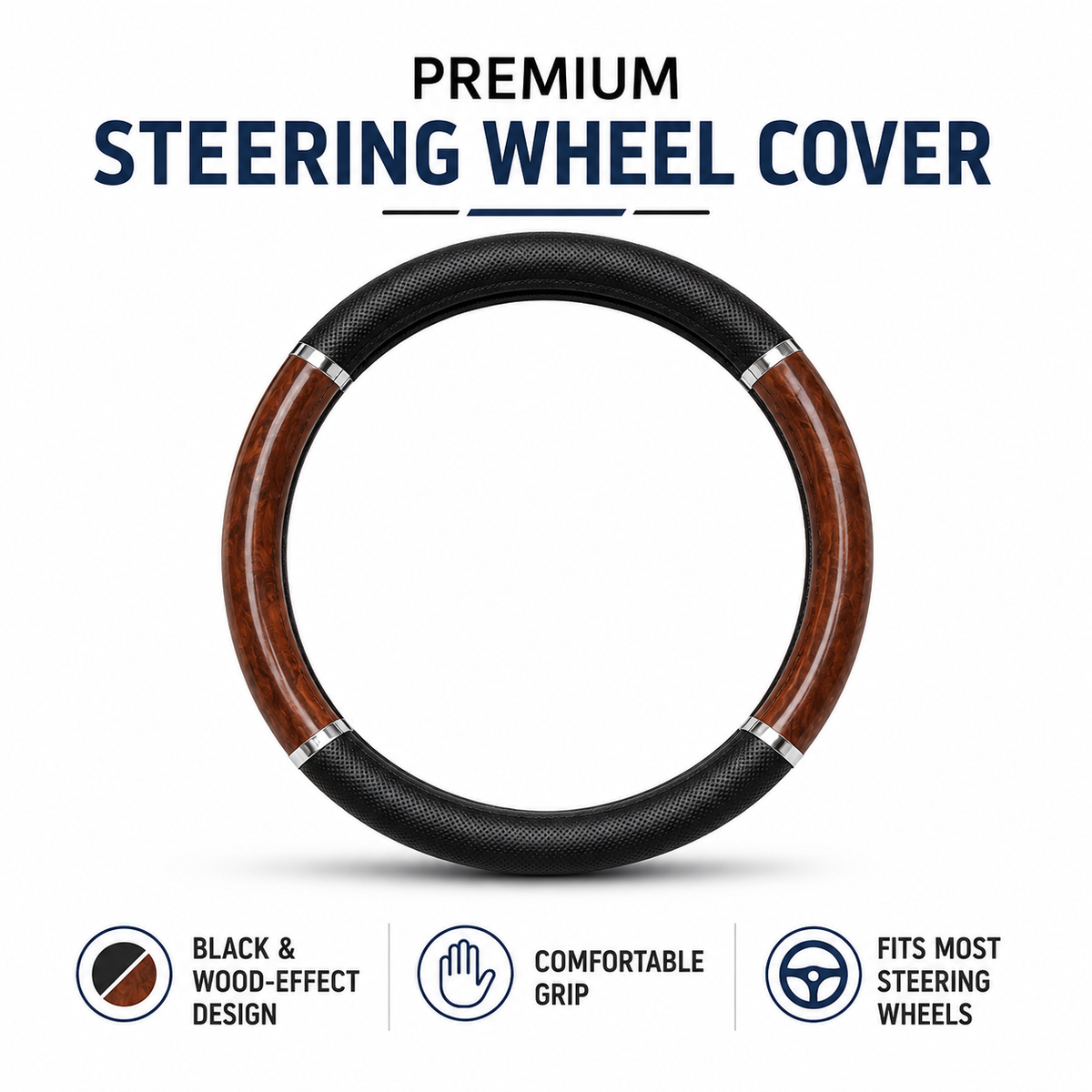 Universal Black & Wood-Effect Steering Wheel Cover – 37–39cm