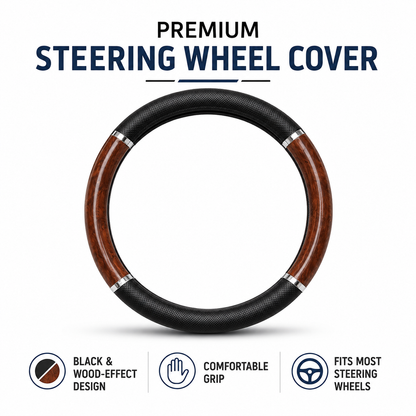Universal Black & Wood-Effect Steering Wheel Cover – 37–39cm