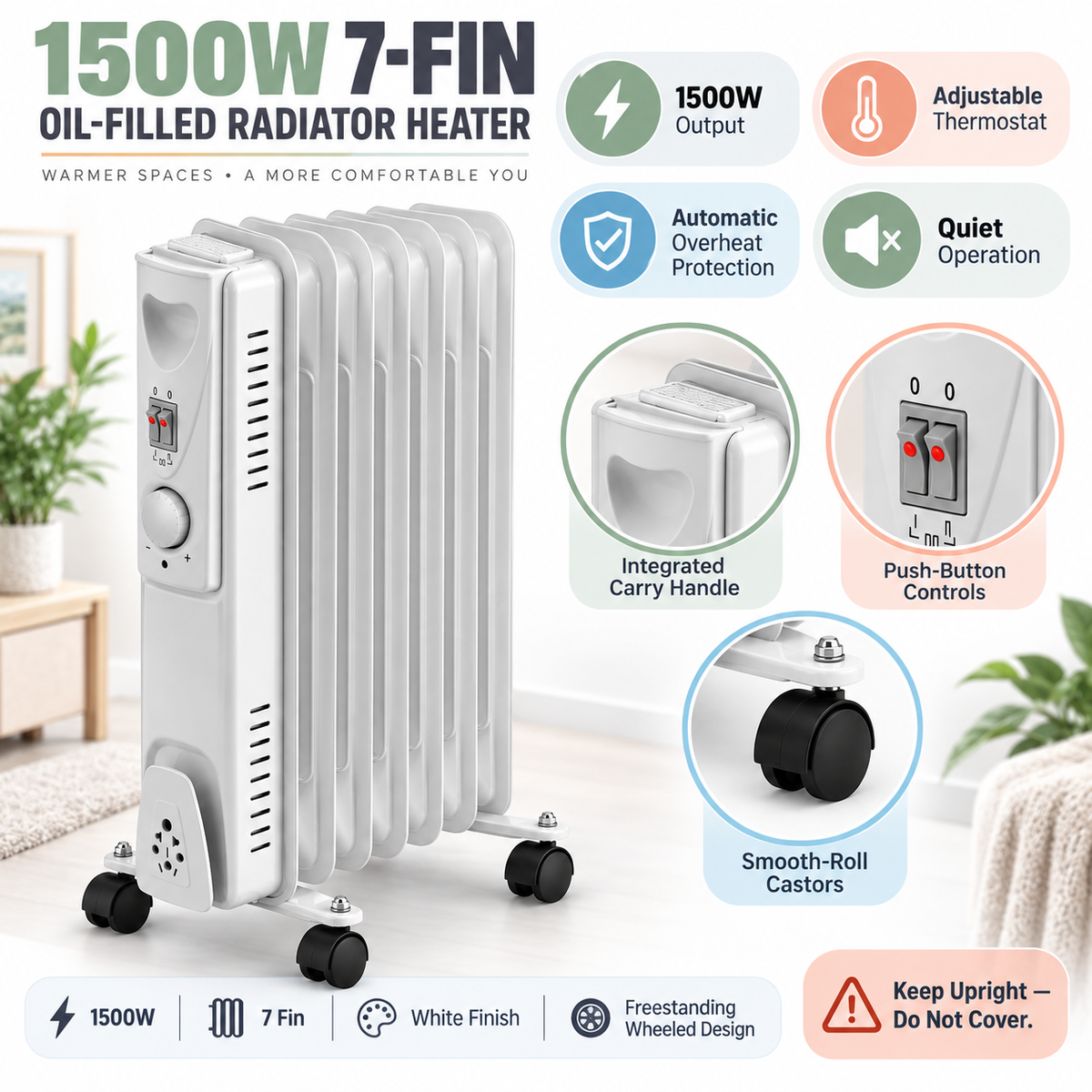 Single 1500W 7-Fin Oil-Filled Radiator Heater – White