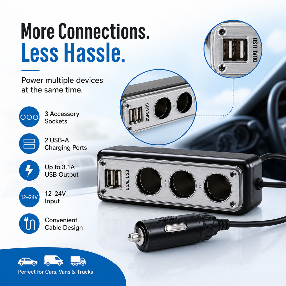 3-Way Car Socket with Dual USB