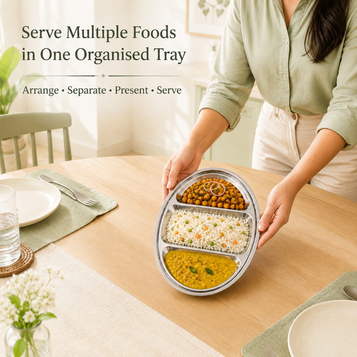 Stainless Steel Oval Serving Tray – 3 Compartments 50cm