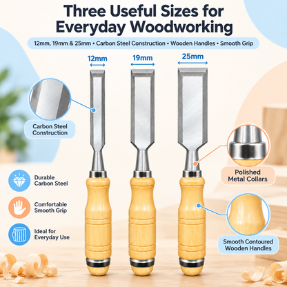 3Pc Wood Chisel Set Wooden Handle 12/19/25mm