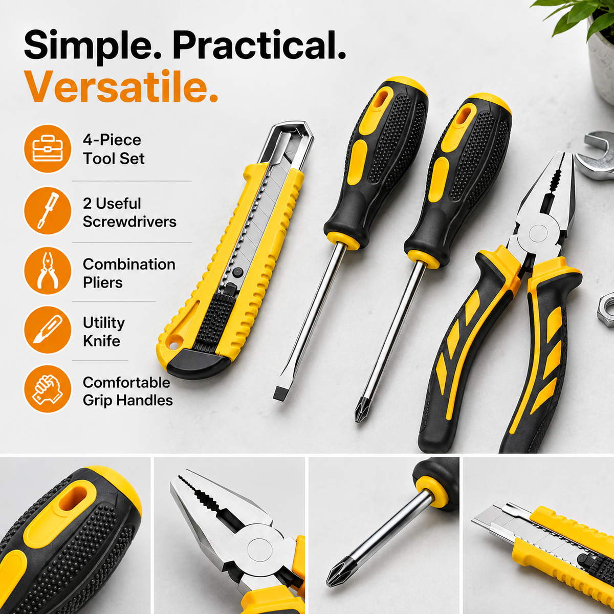4-Piece Household Hand Tool Set – Pliers, 2 Screwdrivers & Utility Knife DIY Repair Kit