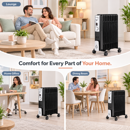 Single 2500W 11-Fin Oil-Filled Radiator Heater – Black