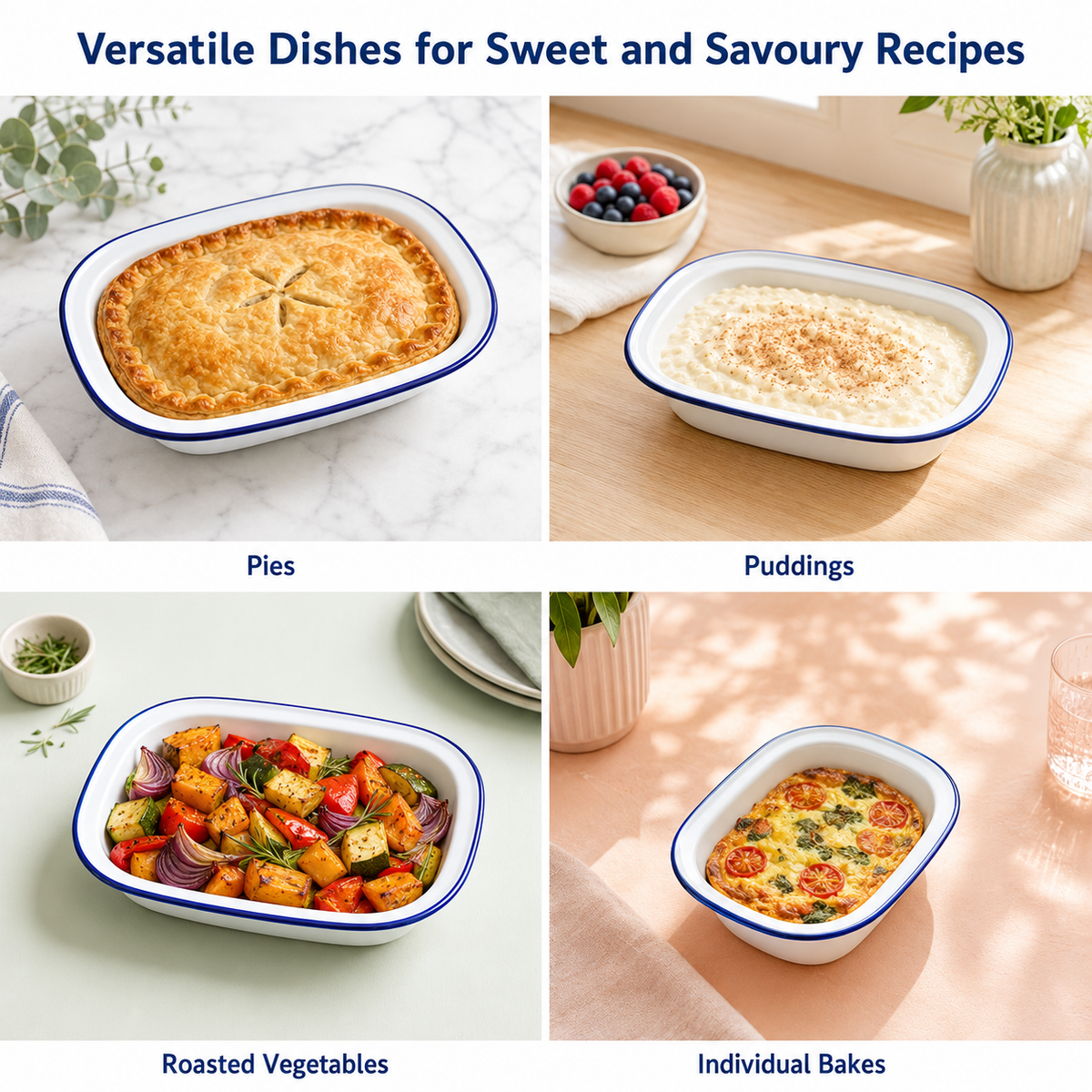 Enamel Pie Dish – White with Blue Rim | 22-32cm Sizes