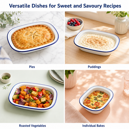 Enamel Pie Dish – White with Blue Rim | 22-32cm Sizes