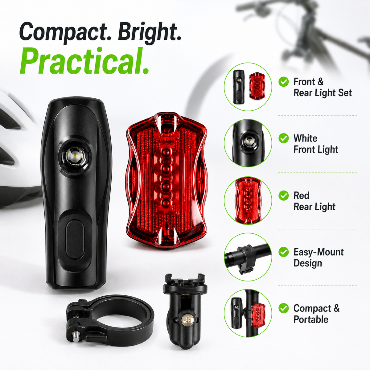 LED Bicycle Front & Rear Light Set – Headlight & Red Tail Light with Mounting Brackets