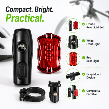 LED Bicycle Front & Rear Light Set – Headlight & Red Tail Light with Mounting Brackets