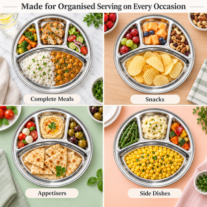 Stainless Steel 4 Compartment Thali Plate – 35cm Round Divided Dinner Tray