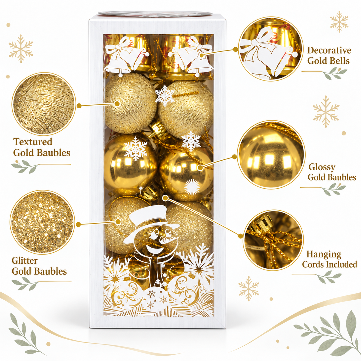 Gold Christmas Ball Ornaments Box Set – Glitter & Shiny Snowman Design
