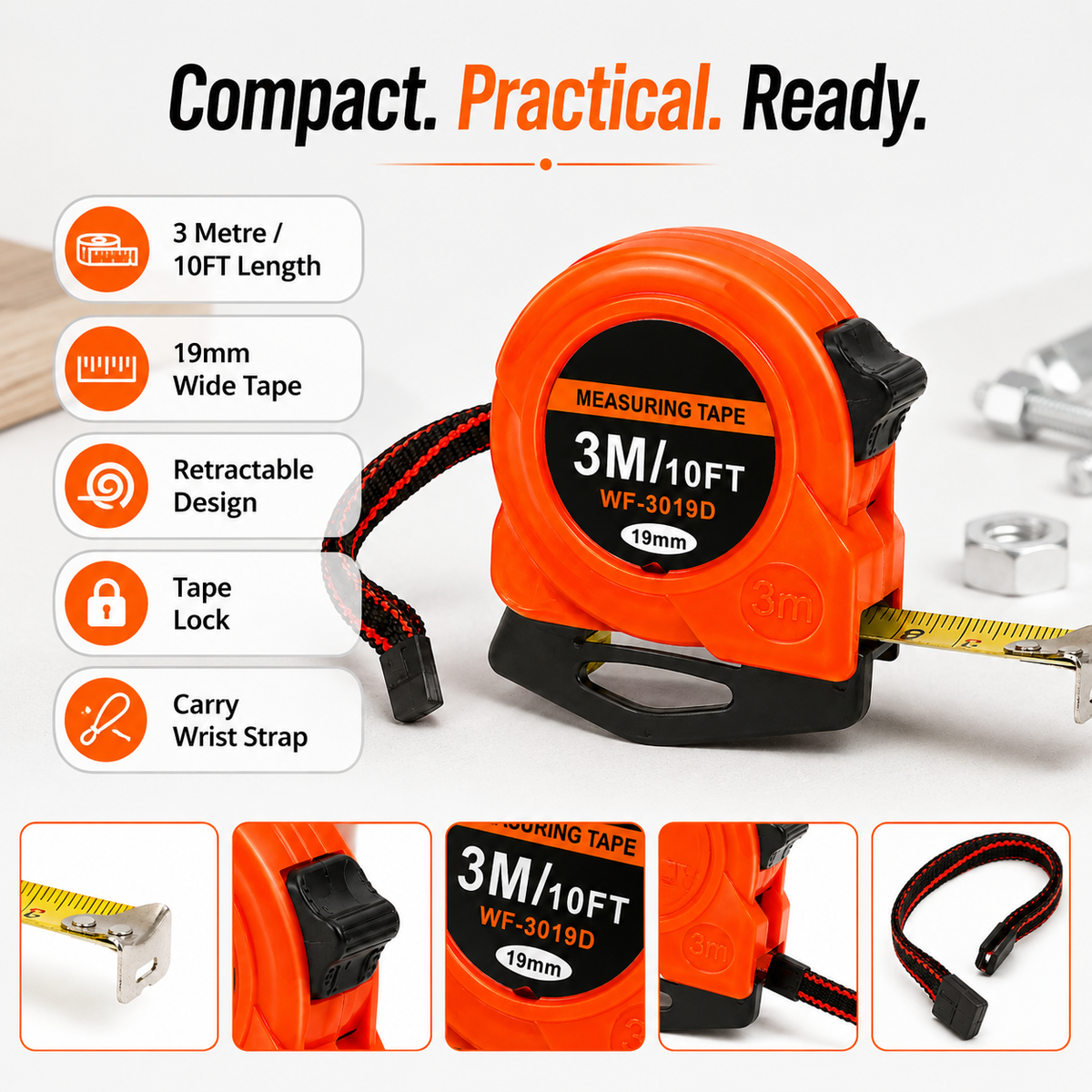 3M / 10FT Retractable Measuring Tape – 19mm Metric & Imperial Tape Measure with Wrist Strap