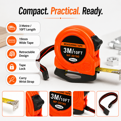 3M / 10FT Retractable Measuring Tape – 19mm Metric & Imperial Tape Measure with Wrist Strap