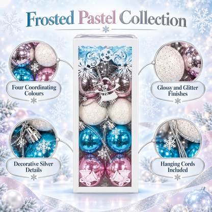 Pastel Christmas Ball Ornaments Box Set – Pink, Blue & White Glitter Baubles