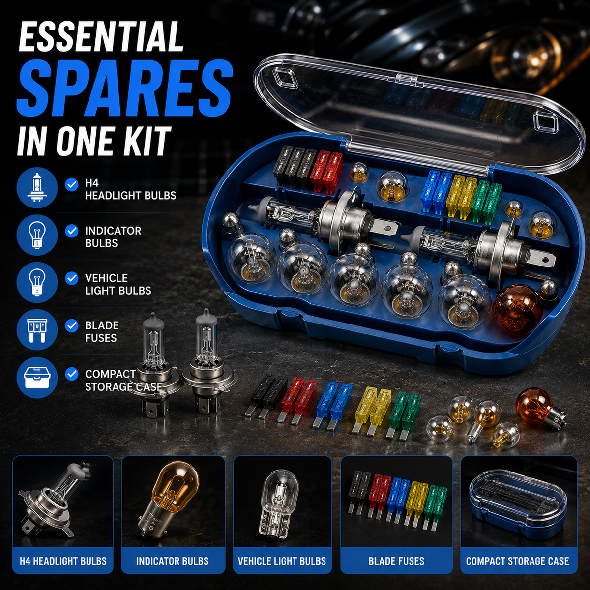 30-Piece H4 Car Bulb & Fuse Set – 12V Emergency Vehicle Spare Light Kit