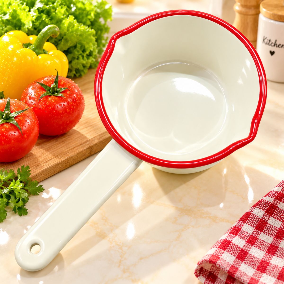 Enamel Milk Pan – 14cm Cream with Red Rim