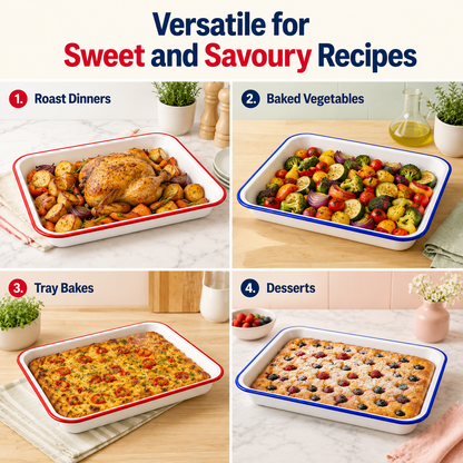 Enamel Bake Pan 34cm | Cream/Red or White/Blue Rim