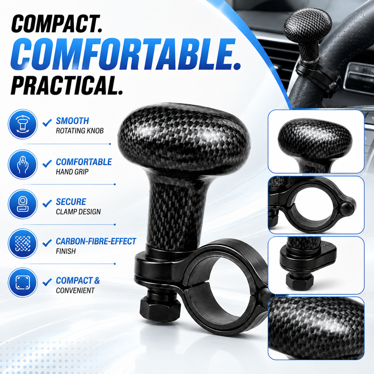 Universal Steering Wheel Spinner Knob – Carbon Fibre Style Driving Aid Handle for Cars & Vans
