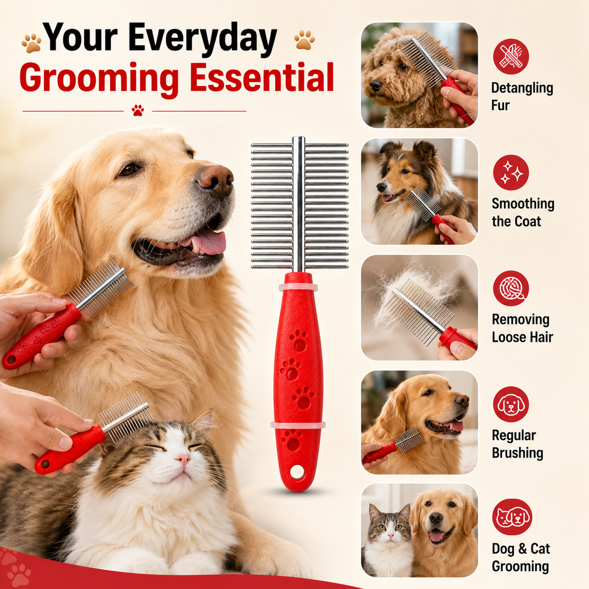 Double-Sided Pet Grooming Comb – Fine & Wide Tooth Metal Comb for Dogs & Cats
