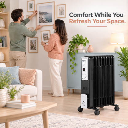 Single 2000W 9-Fin Oil-Filled Radiator Heater – Black
