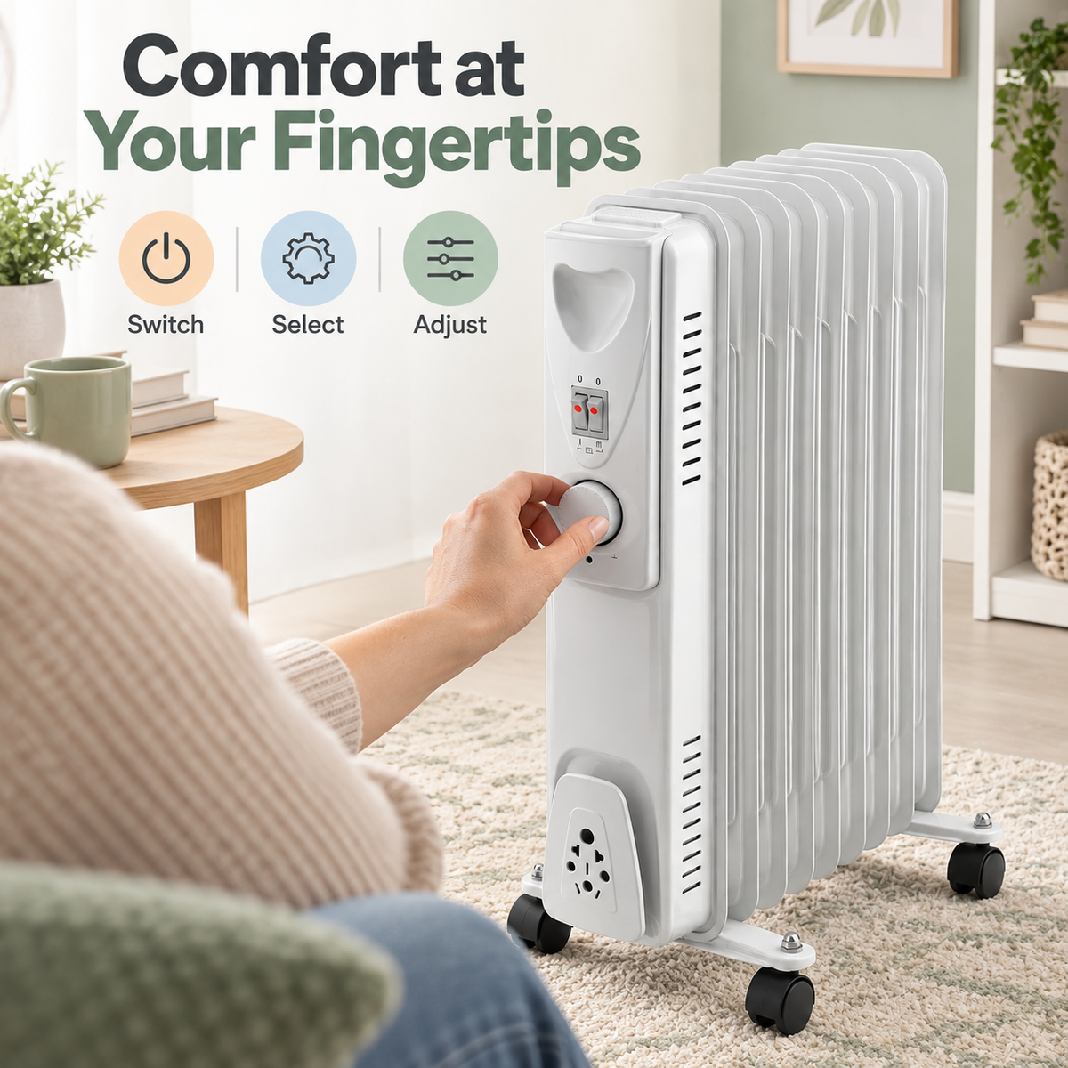 Single 2000W 9-Fin Oil-Filled Radiator Heater – White