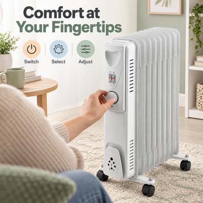 Single 2000W 9-Fin Oil-Filled Radiator Heater – White