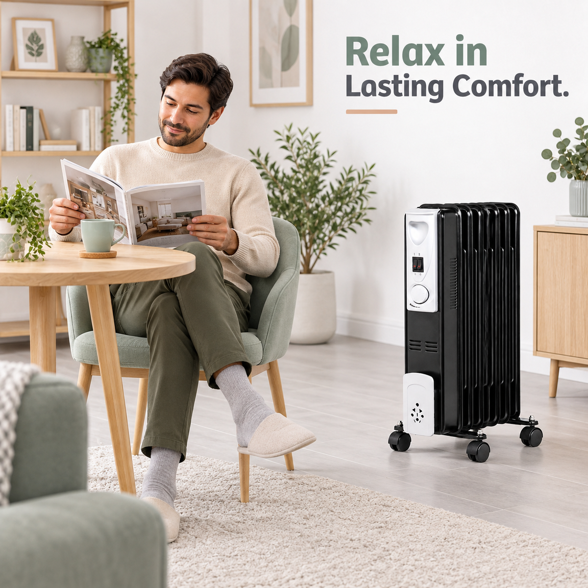 Single 1500W 7-Fin Oil-Filled Radiator Heater – Black