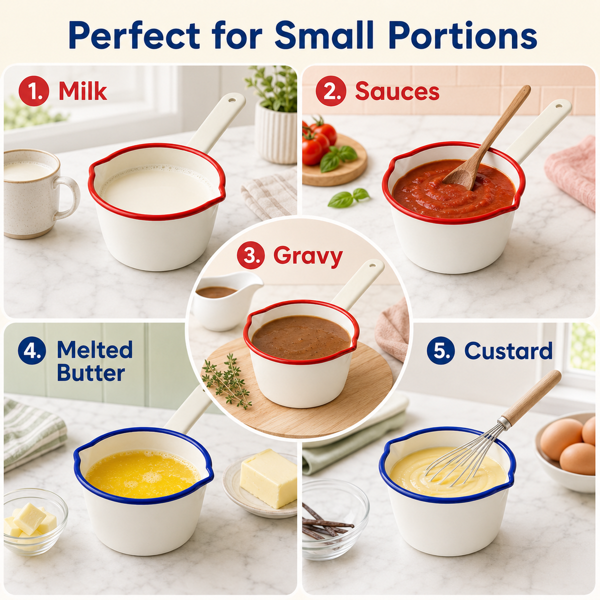 14cm Enamel Milk Pan – Cream/Red or White/Blue