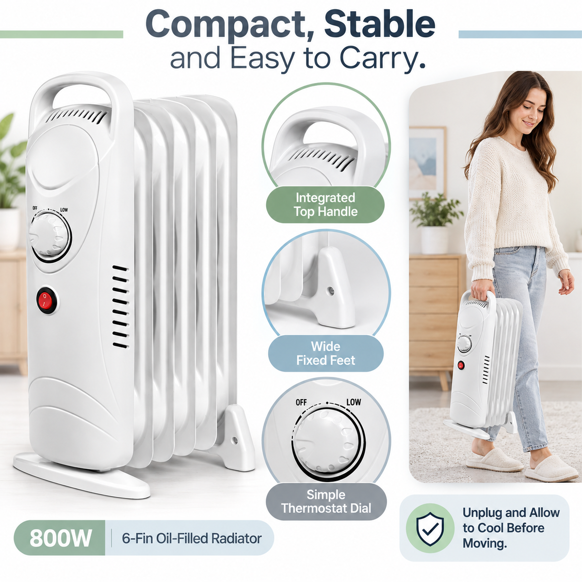 Single 800W 6-Fin Oil-Filled Radiator Heater – White