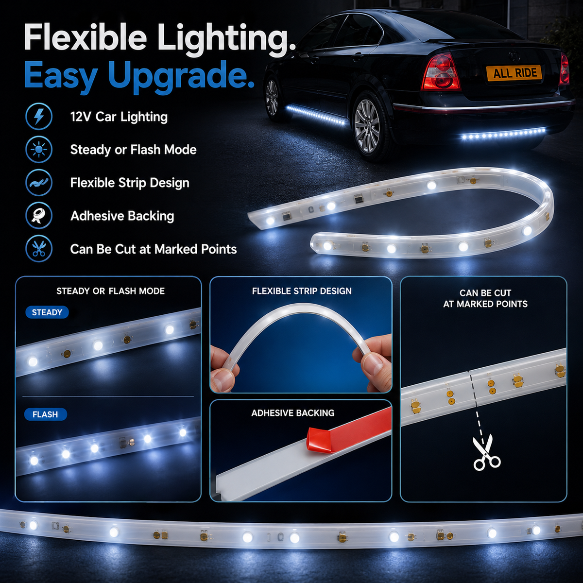 40cm 12V LED Car Light Strip – Steady & Flash Flexible Lighting