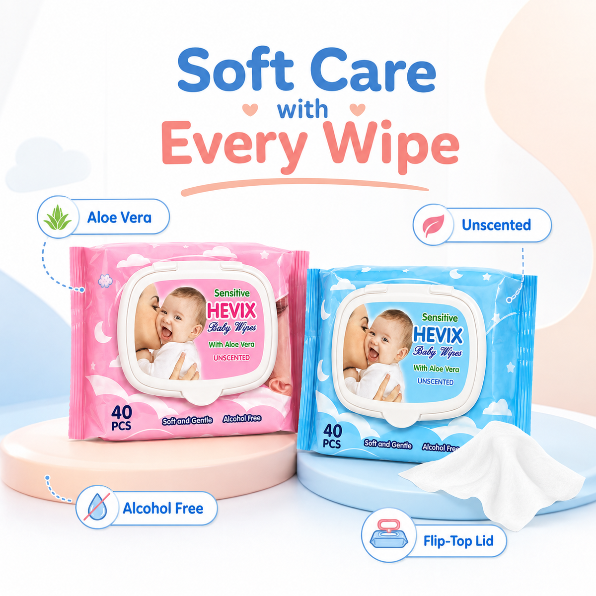 40 Unscented Sensitive Baby Wipes with Aloe Vera | Pink & Blue Packs