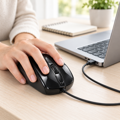 Black USB Wired Optical Computer Mouse – Adjustable 1600/2400/3200 DPI with Scroll Wheel
