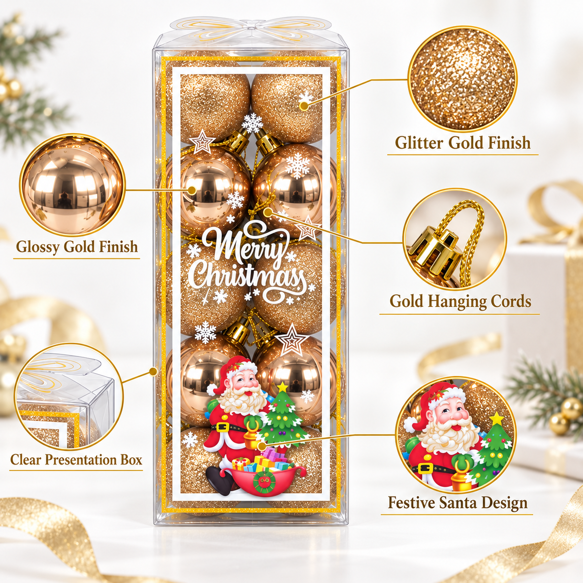 Gold Christmas Ball Ornaments Box Set – Glitter & Shiny Baubles