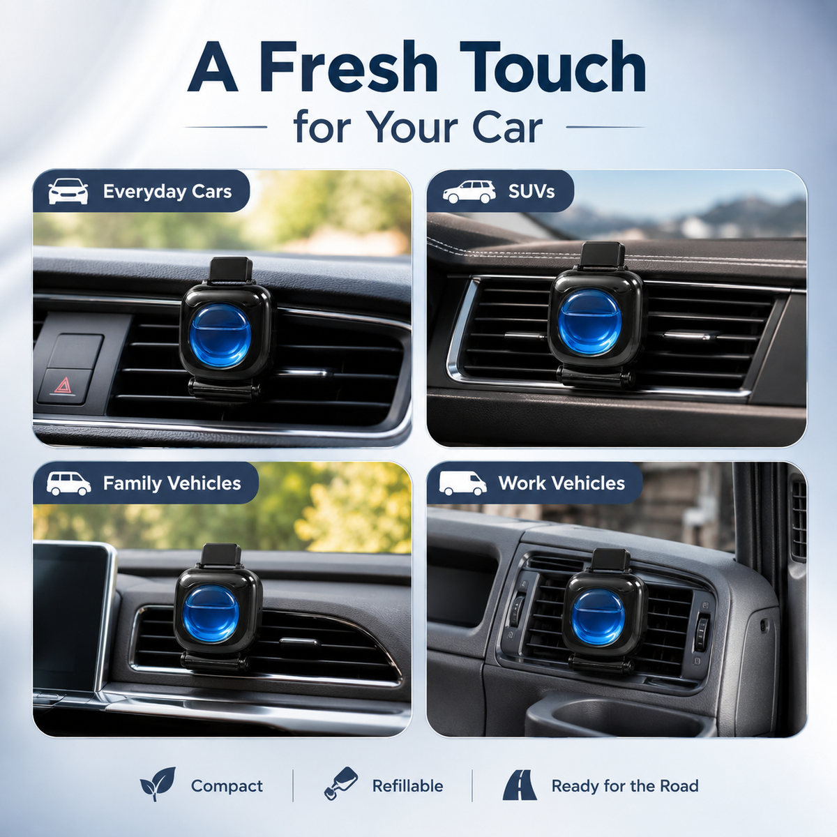 Refillable Car Air Freshener Odour Diffuser – Ocean Fragrance Vent Clip for Lasting Freshness